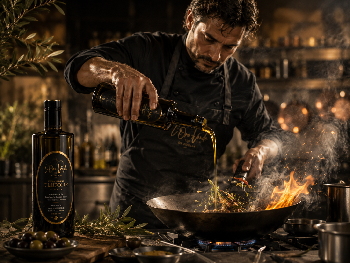 Chefkok Antonio verhit olie in wokpan