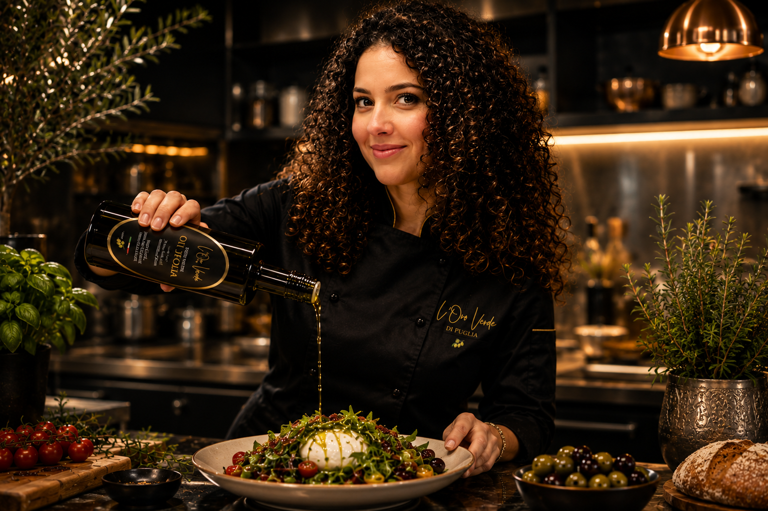 Chefkok met l'oro verde di puglia olijfolie